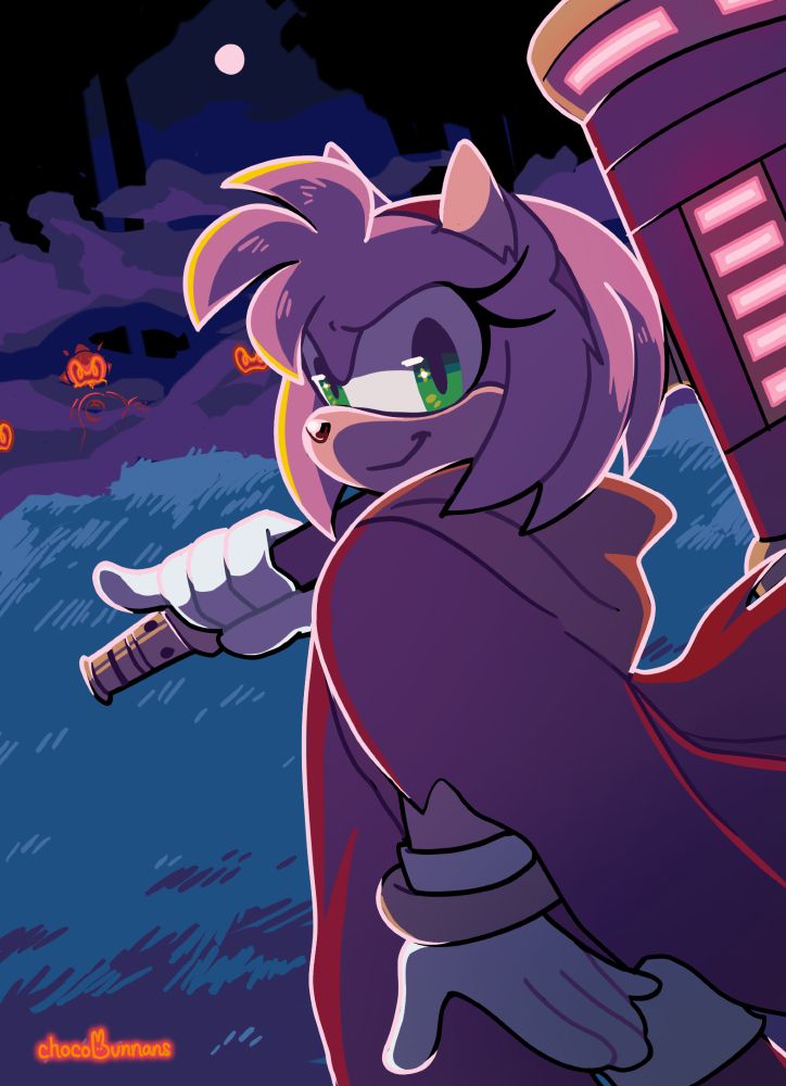 Amy Rose, a pink cartoon hedgehog in a red cloak, looking triumphant with a big glowing hammer. She is standing in a foggy field at night. There are glowing eyes in the fog behind her and the moon is in the sky.