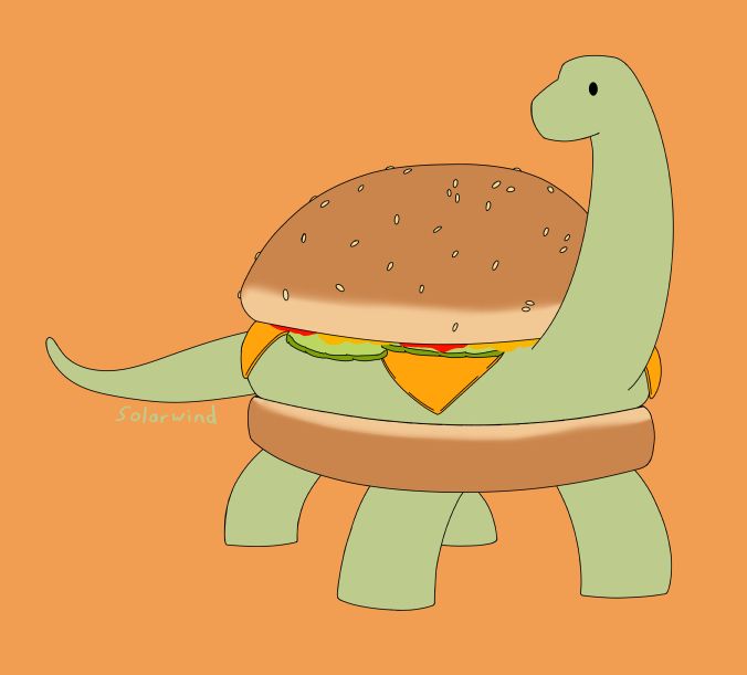 A cartoon drawing of a Brachiosaurus sandwiched between hamburger bunds and dressings.