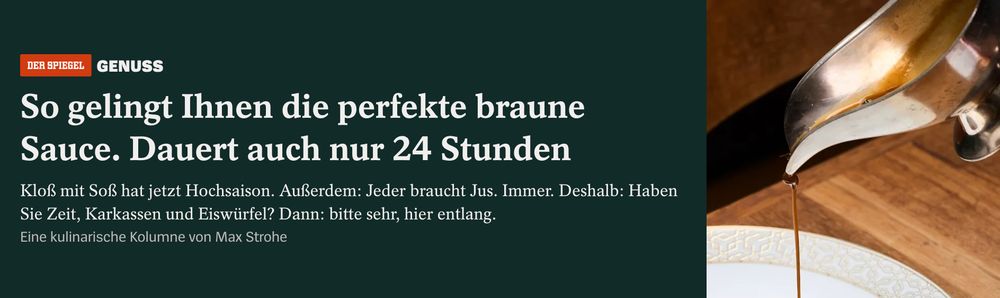 SPIEGEL Online Überschrift: "So gelingt Ihnen die perfekte braunne Sauce. Dauert auch nur 24 Stunden." Daneben is ein Bild von einer  Sauciere, die auf einem Tisch steht.