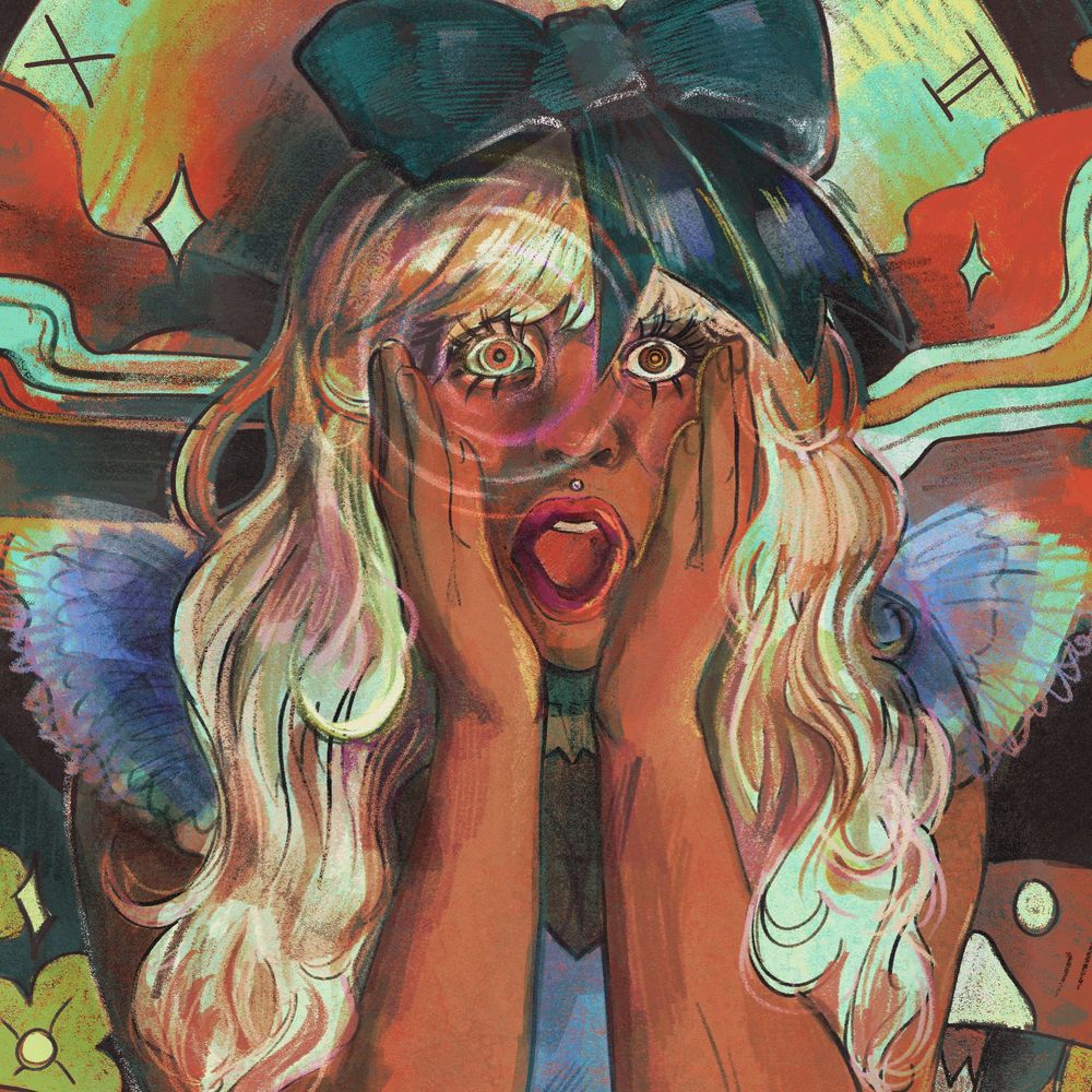 Close up of a psychedelic illustration created for Sailem's 420 Alice in Wonderland burlesque show