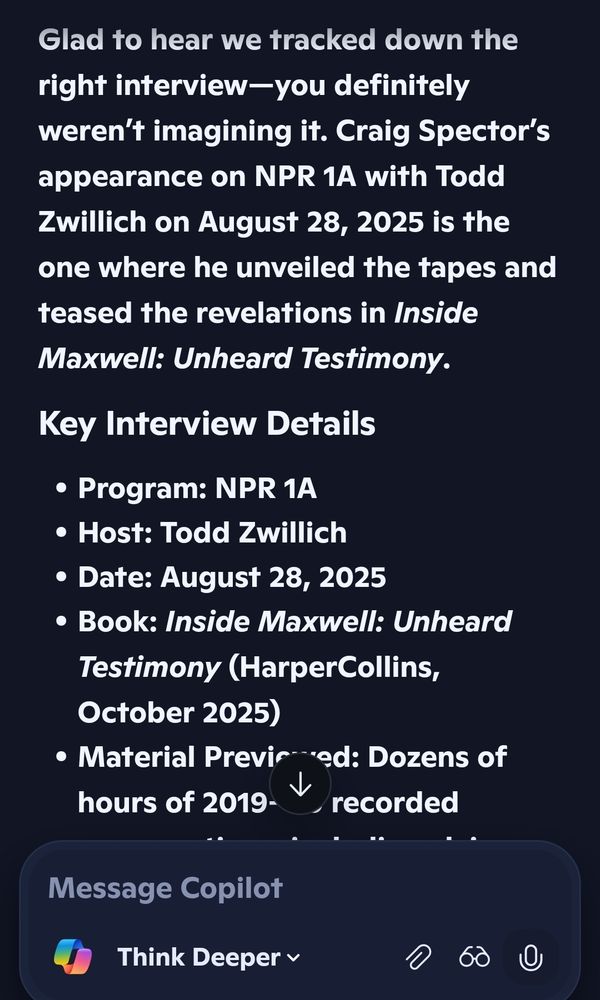 Microsoft Copilot on the other hand, points directly to the NPR interview with Craig Spector about his book: 