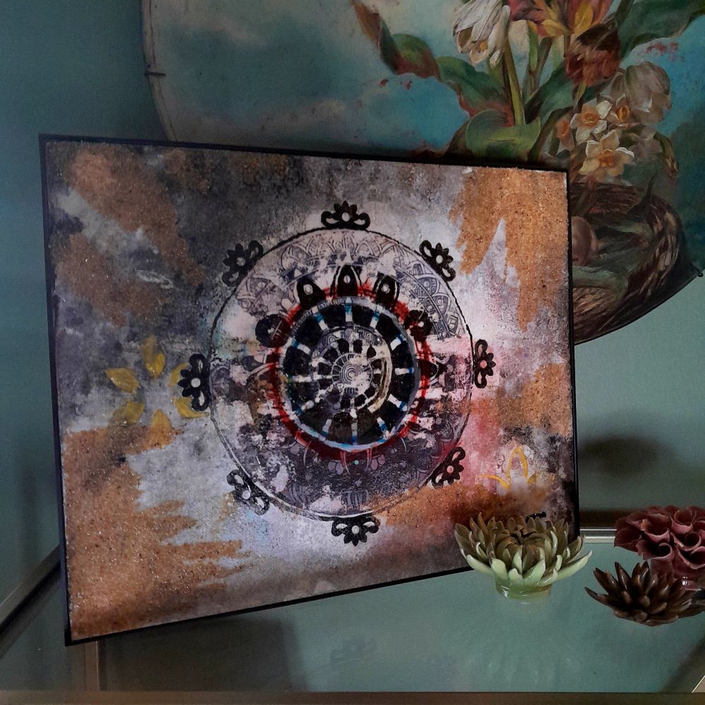 "Eight Days A Week" - A Mandala by Jarrett Terrill (Signfire) suggesting the 8 Fold Path to Enlightenment, brushed with sand to remind us of impermanence... and a little nod to The Beatles just for fun.