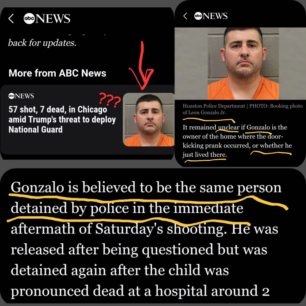 Unrelated ABC News articles from Houston TX to Chicago IL all referring to and/or showing mugshots of the same person and using vague language like 