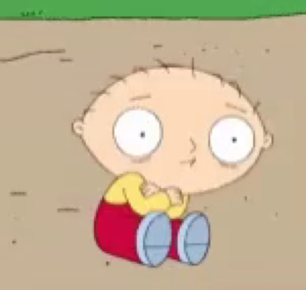 a cartoon character named stewie from family guy is sitting on the ground .