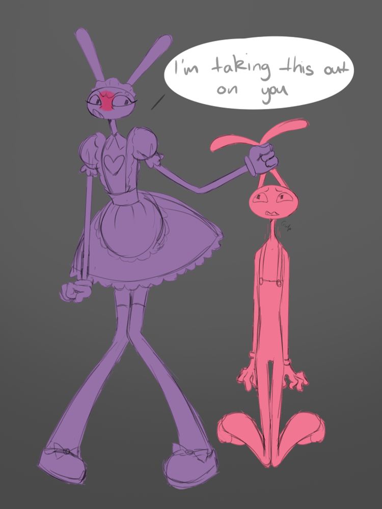 Jax from the amazing digital circus wearing a maid outfit holding evil jax by the ears 