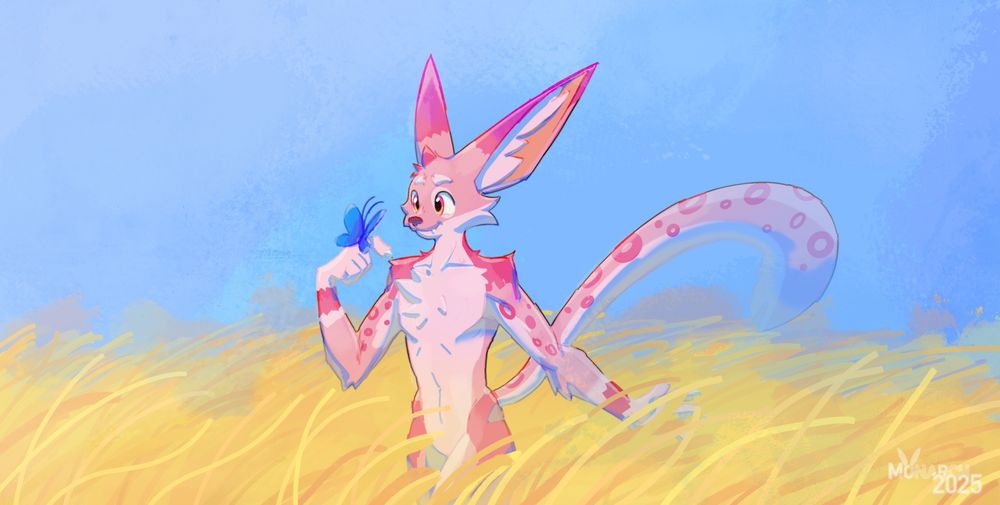 Kokuo (a pink and light pink leopard) in a field of hay with bright blue sky in the background. Kokuo is holding a butterfly on one finger while feeling the hay