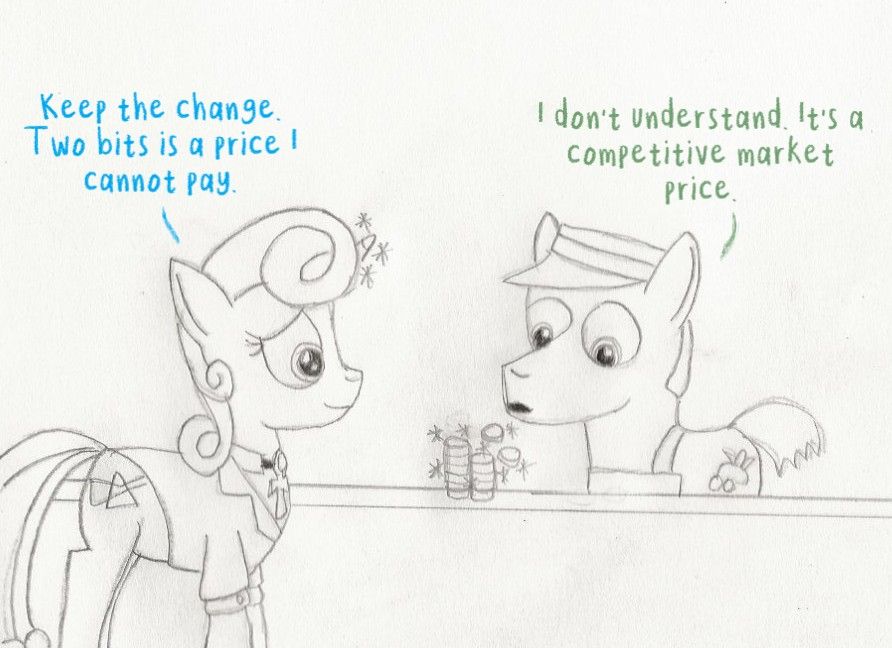 Part 3. Guiding Light restores the pile of twelve bits from earlier, with two being lifted to the top. She tells the clerk "Keep the change. Two bits is a price I cannot pay." The clerk looks at the pile bewildered, saying "I don't understand. It's a competitive market price."