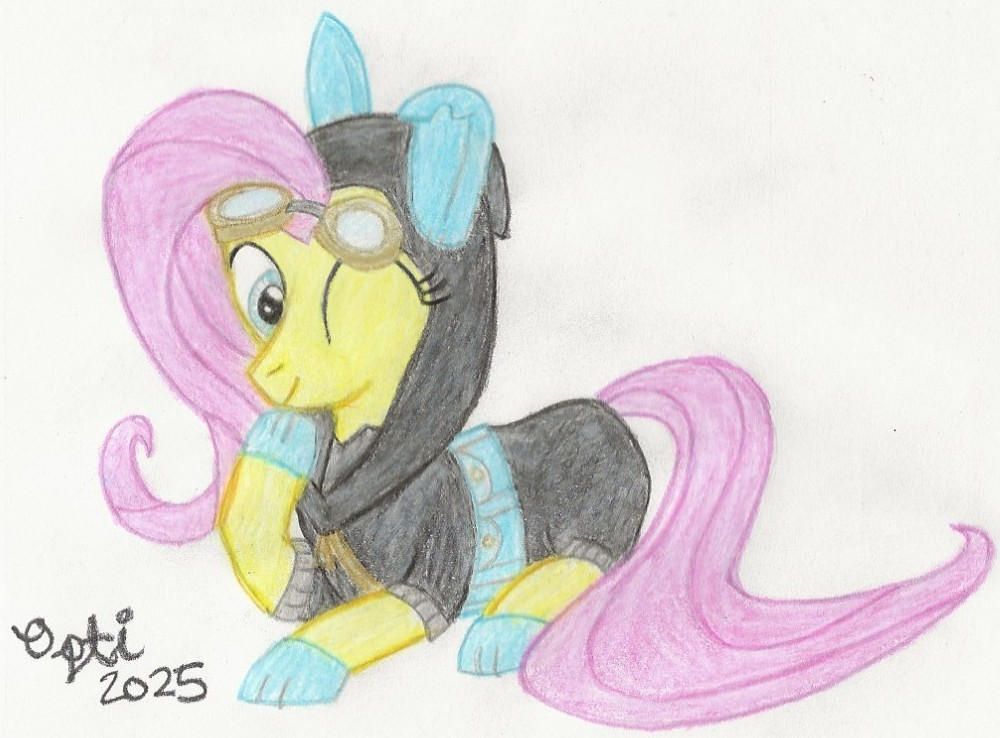 Fluttershy winking towards the viewer in her "Dangerous Mission Outfit" from Magic Duel.