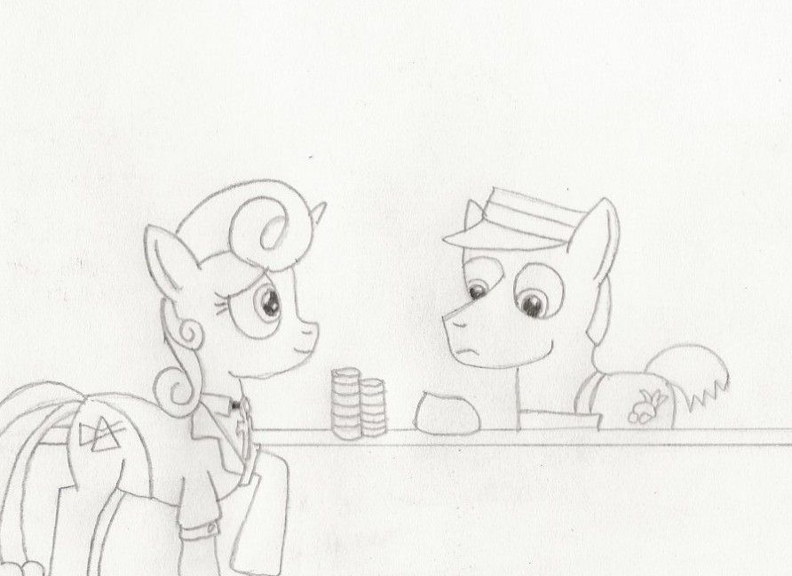 Page 1 of NATG Day 12 comic. Guiding Light, a well-dressed unicorn, is purchasing a single mango with twelve bits. The grocery clerk, an earth pony stallion, looks down, regarding the situation as unusual.