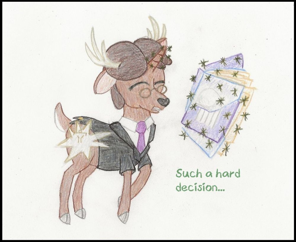 Fair Use has his eyes closed, still carrying his books, continuing to agonize as he says "Such a hard decision..." On his flank something flashes, and a scales of justice is starting to form there. Meanwhile, the two books are merging.