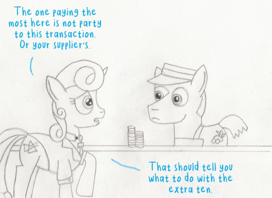 Part 4: Guiding Light explains to the clerk "The one paying the most here is not party to this transaction. Or your supplier's. That should tell you what to do with the extra ten." The clerk still does not appear to completely understand.