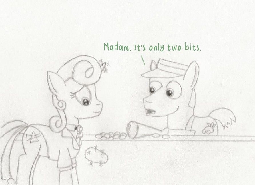 Part 2. Guiding Light takes the mango with her unicorn magic. The clerk, has shoved aside ten of the bits, keeping two. He tells Guiding Light "Madam, it's only two bits."