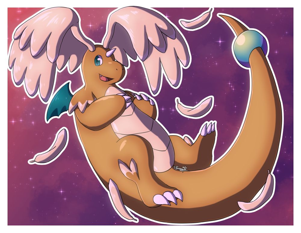 Illustration of Mega Dragonite, a Pokemon first featured in a trailer for Legends ZA. It's a reptilian dragon with light orange skin and tiny teal wings. In this "Mega" form, its antennae is replaced by big feather-y wings, its shoulders and feet get extra feathers and its tail has a multicolored orb.

The character is portrayed smiling at the viewer while hovering in the air. A few feathers are scattered around it, while the background consists of a purple sky with pink-tinted stars.

#KurenaiArt