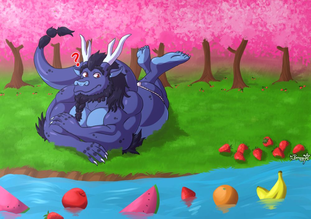 Full body illustration of Kota from Minotaur Hotel, an anthropomorphic blue eastern dragon with long black hair, a braided beard and tail. He's depicted wearing nothing but a fundoshi.

The scenery shows a grassy field, the character lying under his belly while being confused at the fruit that's being dragged by the river's current. Strawberries are piling near the corner of the river on his left side, while the cherry trees behind him also spawn their fruit in an unanticipated manner.

#KurenaiArt