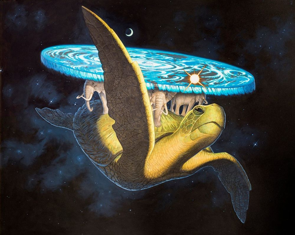 The great turtle At-Tuin, flying through space, with four elephants on his* back holding up the Disc World.
From https://terrypratchett.com/explore-discworld/great-atuin-and-the-discworld/
* His gender is confirmed in one of the books, which had been a matter of some concern to the wizards.
