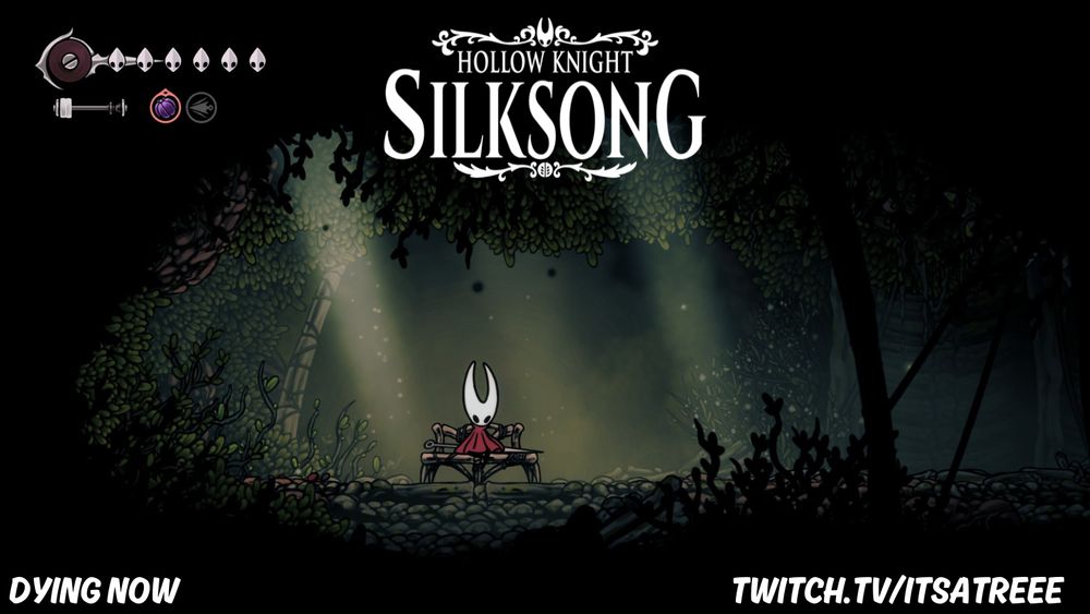 Screenshot from the game featuring Hornet sitting on a bench with light rays and hanging vines all around. Top middle text reads "Hollow Knight: Silksong".  Bottom left reads "Dying Now". Bottom right reads "Twitch.tv/ItsATreee"