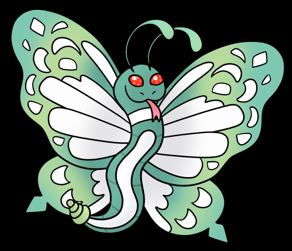 A fusion of the Ekans and Gigantamax Butterfree Pokemon. It is a green and teal snake with a white belly and striping, a lime green rattler, and a tongue going blblbl.  Green-teal antennae sprout from its head, and red faceted eyes look cutely at the viewer.  Enormous teal and green butterfly wings sprout from its back, with intricate white patterns.  It loves you very much.