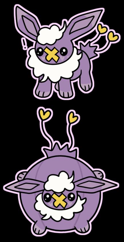 A Drifloon/Eevee Pokemon fusion, soft purple, with yellow heart trailing threads for a tail and yellow tape for a mouth in an X shape.  Soft white clouds form hair and a ruff of fur.  The top image is surprised by something.  The bottom image is the same Pokemon, but swollen into a sphere balloon.  Little hands and feet poke out.  They are drifting away into the sky.