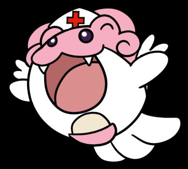 A Pokemon fusion of Spheal and Blissey flying majestically through the air.