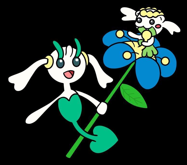 A Pokemon fusion of Spheal and Flabebe dances with a Floette on her flower.