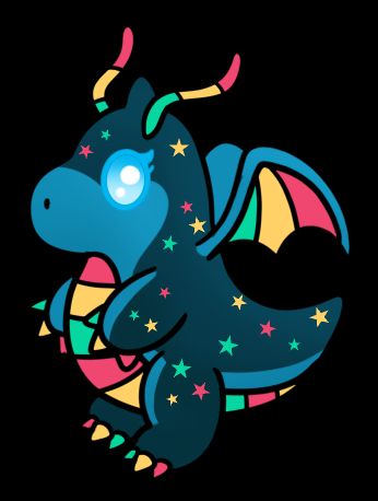 A chibi Dragonite Pokemon, dark blue, with yellow, red, and green stripes.  Covered in stars.