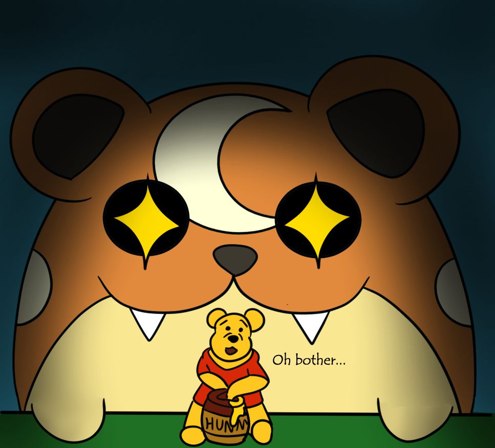 A Pokemon fusion of Spheal and Teddiursa looms ominously behind Winnie the Pooh.  She craves the jar of honey in his hands.  The hunger gleams in her eyes.  Pooh, sensing danger, says "Oh bother..."