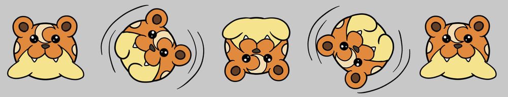 A Teddiursa/Spheal Pokemon hybrid, in warm browns and honey tones, with a moon marking on her forehead.  She is a perfect sphere.  She rolls to the left across five frames.