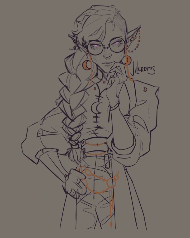 Sketch of a an elf/drow with long braided hair pulled over his right shoulder and a side shave. He wears gold piercings and other jewellery and has on a coat with puffy sleeves cinched at the waist. He’s facing frontally and smirking slightly, one hand at his chin. His right hand is on his hip.