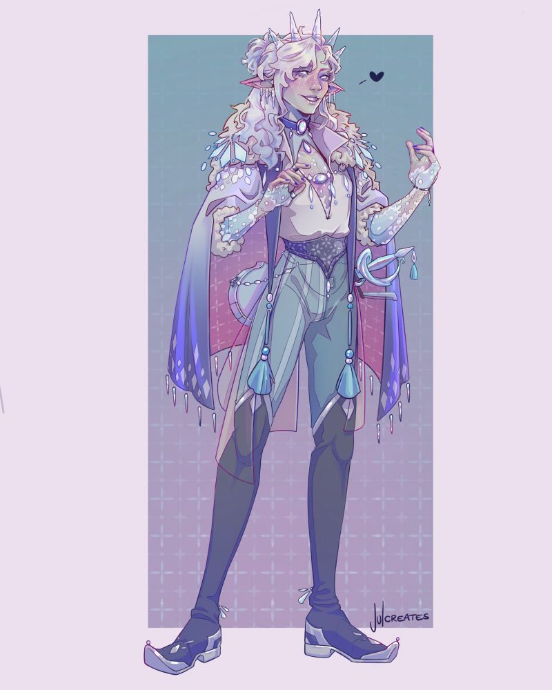 Rendering of a changeling character design, they are dressed fancy in ice themed clothing and grinning.