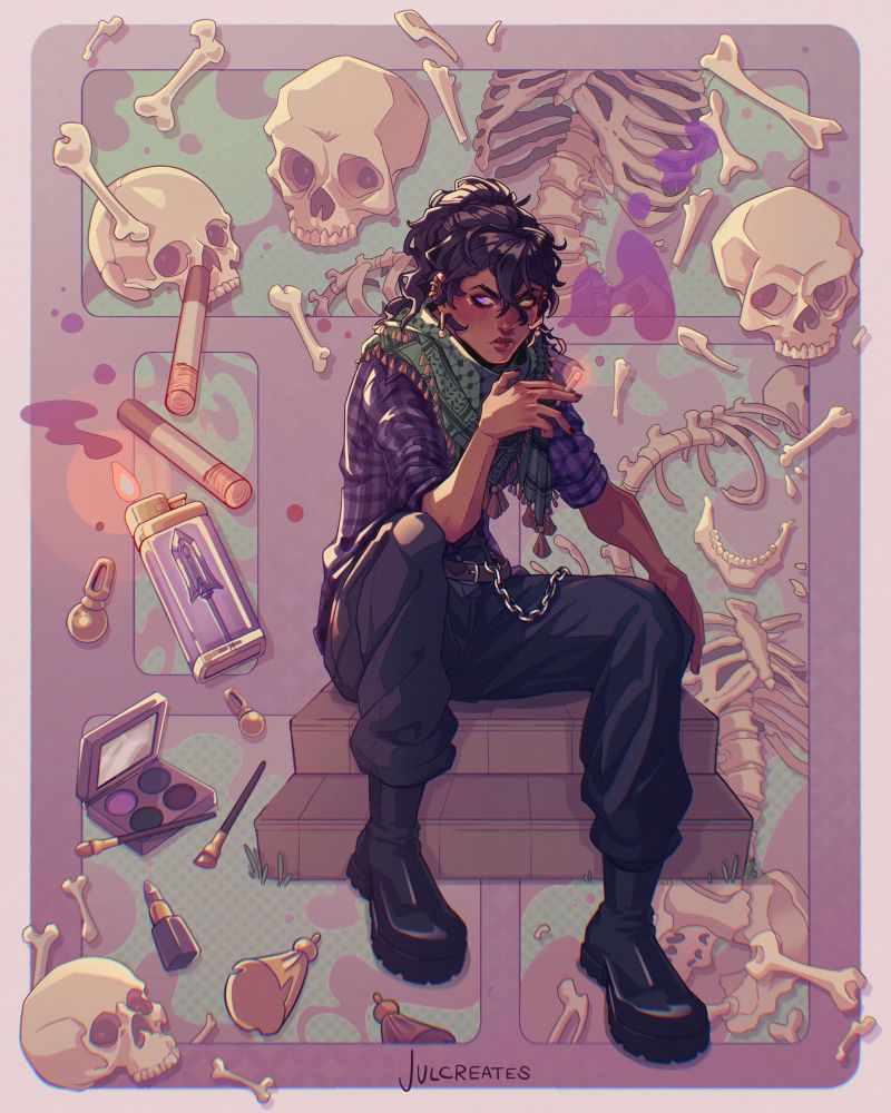 Illustration of a girl smoking and sitting on some stairs, looking annoyed and clad in emo clothes. The background of the image is cluttered with skills and make up and other such stuff as well as swirly clouds.