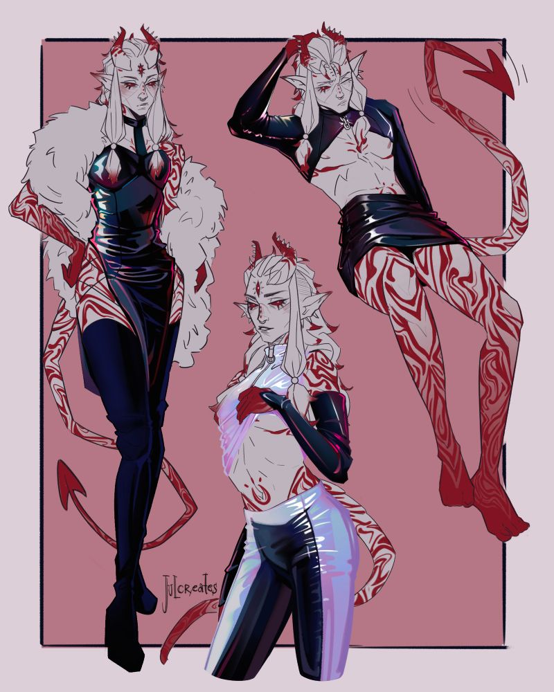 Image shows three drawings of a tiefling in tigh latex/leather outfits in different poses