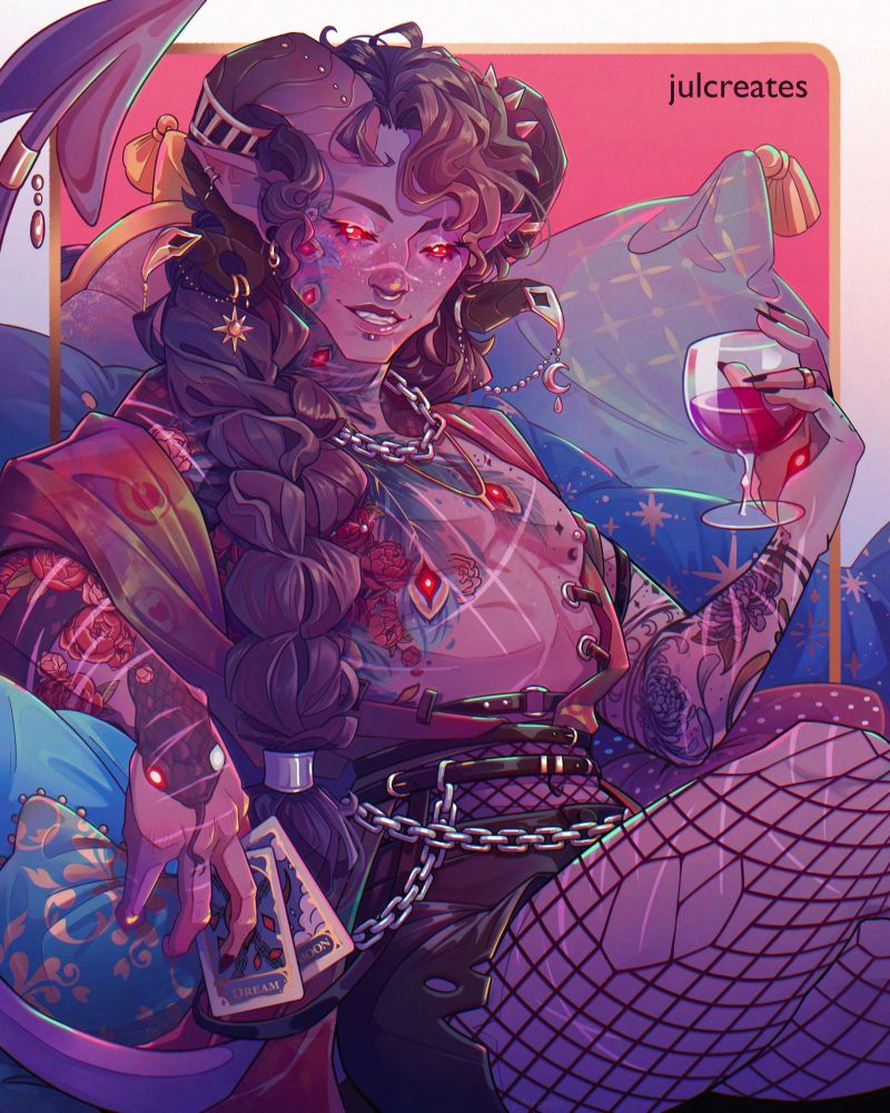 Mollymauk Tealeaf lounging on pillows, holding a glass of wine and some tarot cards.