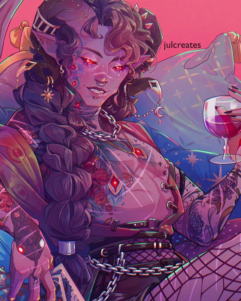 Zoom in of the previous picture.

The image shows a drawing of Mollymauk Tealeaf from Critical Role Campaign 2 in his Battle Royale Outfit. Molly is a purple tiefling with ram horns and he has dark purple hair in a long braid. He wears a lot of jewellery/piercings in his horns as well as the rest of his body, primarily a nose ring and moon and sun tipped horn-tips. He has a lot of tattoos covering his chest and arms and trailing up his face. The tattoos on his face are peacock feathers, they go further down and then flowers get added. On his right arm he has the tattoo of a snake wrapping around it as well as more flowers. The left arm has primarily geometric shapes and flowers.  Red eyes are hidden in the peacock feathers. Mollymauk also has red sclera eyes. He is wearing hot pants, fishnets and chains/belts around his waist. His top is a loose fitting colourful drap, that leaves their chest open. They are lounging back on a bunch of blue pillows, and he has a bright smile on his face, his eyes are slightly lidded. He is holding two tarot cards (‘Dream’ and ‘Moon’) They are holding a wine glass in his left hand.