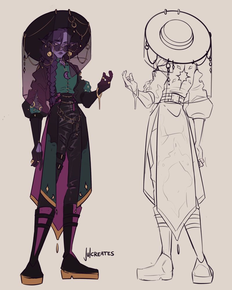 Concept art of a drow character. He wears a Brad, fancy clothes and a big hat. Shown from the front and the back.