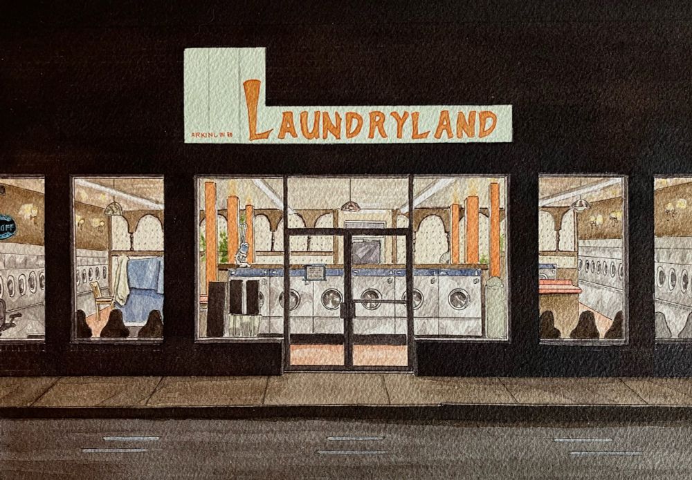 A watercolor painting of a laundromat at night. The interior is illuminated brightly by fluorescent lighting that reflects of washing machines and orange pillars. The outline of the building is pitch black and frames the large glass windows and entrance. A sign above the entrance is illuminated and reads “Laundryland” in orange lettering