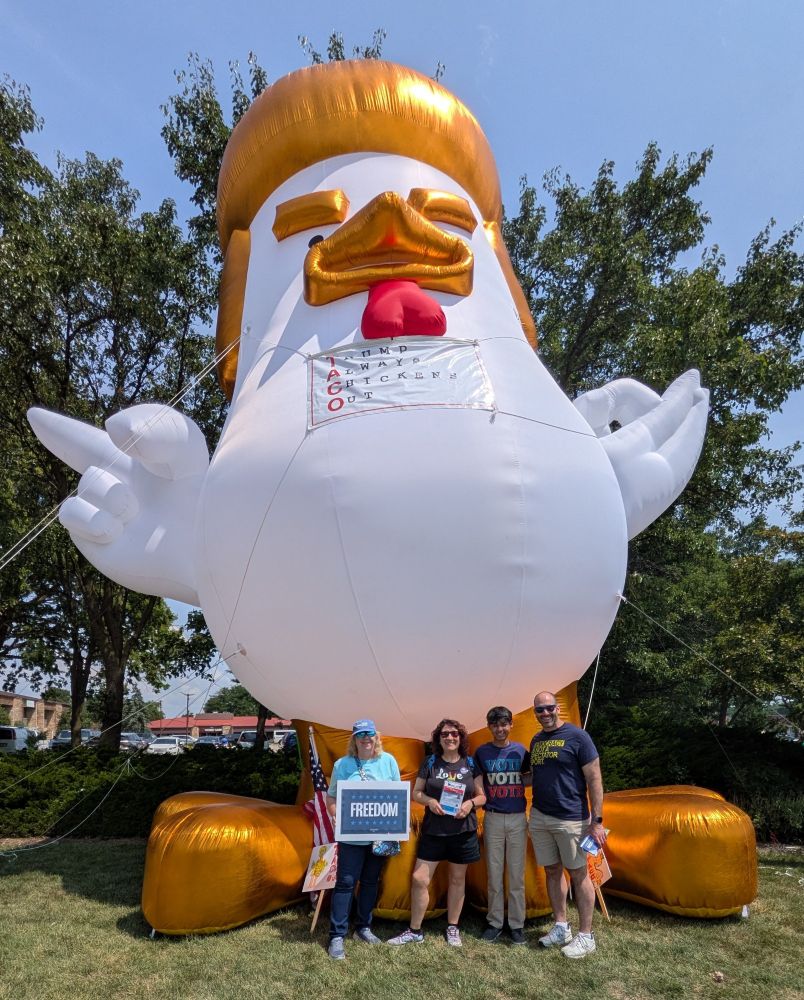 Jill, Lynne, Ishaan and Ted in front of the 32 foot tall Taco Trump Chicken 