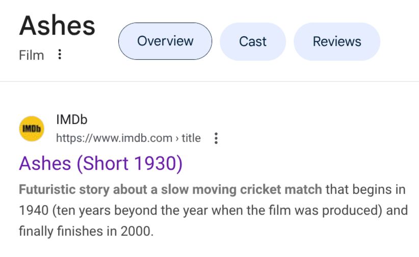 Summary from IMDb:

Ashes (Short 1930)

Futuristic story about a slow moving cricket match that begins in 1940 (ten years beyond the year when the film was produced) and finally finishes in 2000.