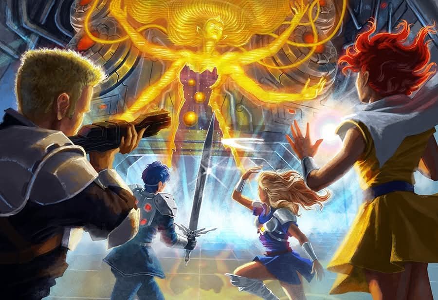 A golden female with multiple arms emotes while two male and two female space warriors attempt to battle her. 