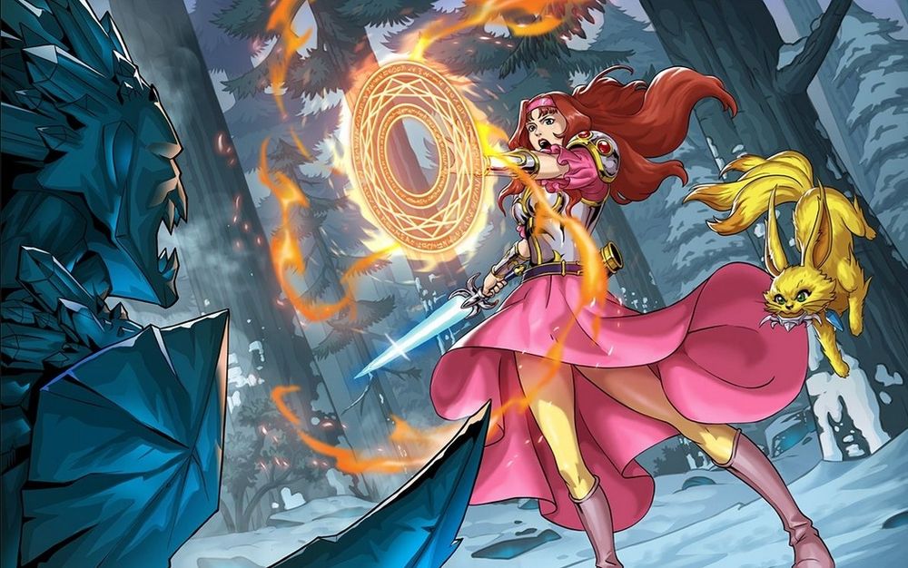 Frozen snowy forest setting background. Left side of image shows the side of a humanoid made of ice growling menacingly. Right side of image has a woman casting a fire spell and holding a glowing sword. Next to her is a yellow cat with many tails and a bladed weapon in its mouth preparing to attack the ice man.