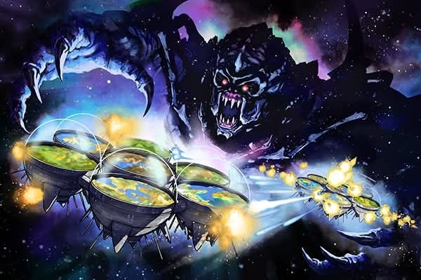 Starry background with a large, dark creature with sharp teeth lunging at a spaceship made up of six domed parts, each holding land with flora and water features.