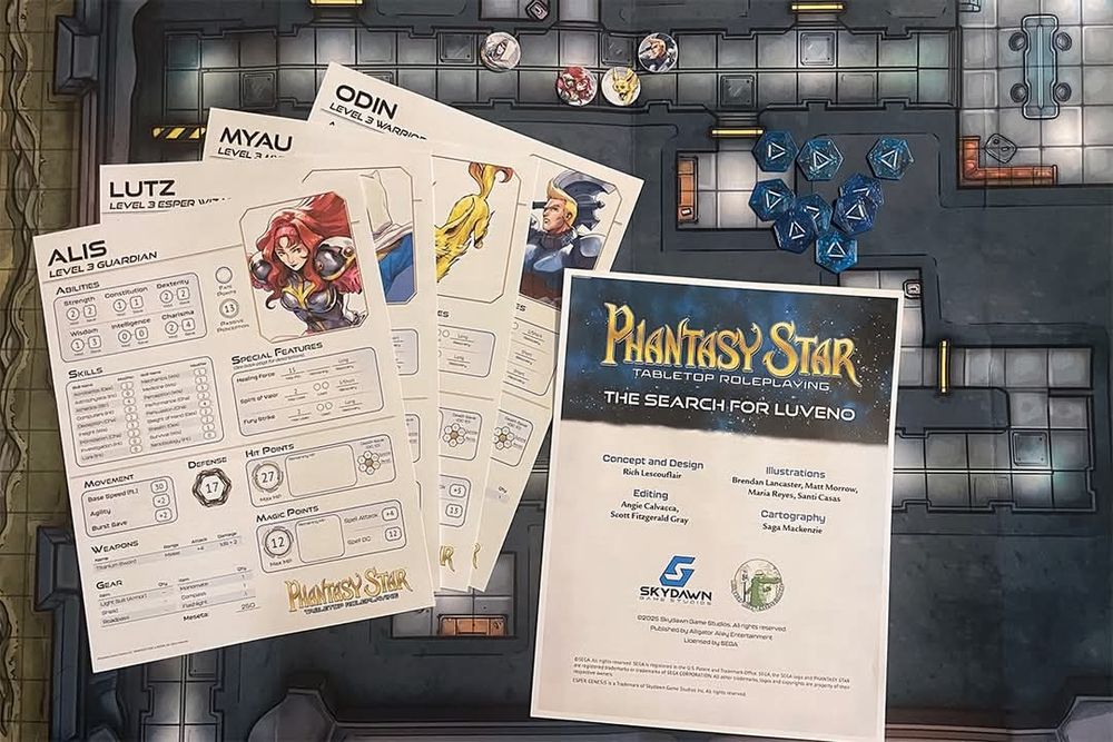 Four RPG character sheets and a paper with "Phantasy Star The Search for Luveno" written on top. All of the pages are on top of a partially hidden dungeon map.