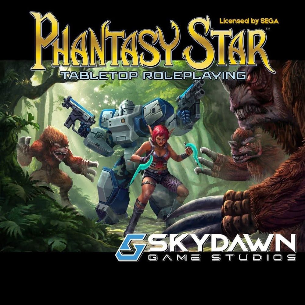 A large robot with guns and an alien woman with bladed weapons fight furry alien bipedal creatures with long claws in a forest setting. The book title, Phantasy Star Tabletop RPG, in large letters across the top of the image. The words Skydawn Game Studios are across the bottom of the image. 