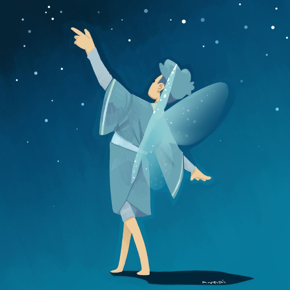 An illustration of a fairy boy with translucent, sparkly butterfly wings, reaching toward the sparkles above his head. He is turned away from the viewer, showing his delicate wings and wearing some type of kimono. This scene is almost entirely painted in shades of blue, while only his skin is painted with light beige.