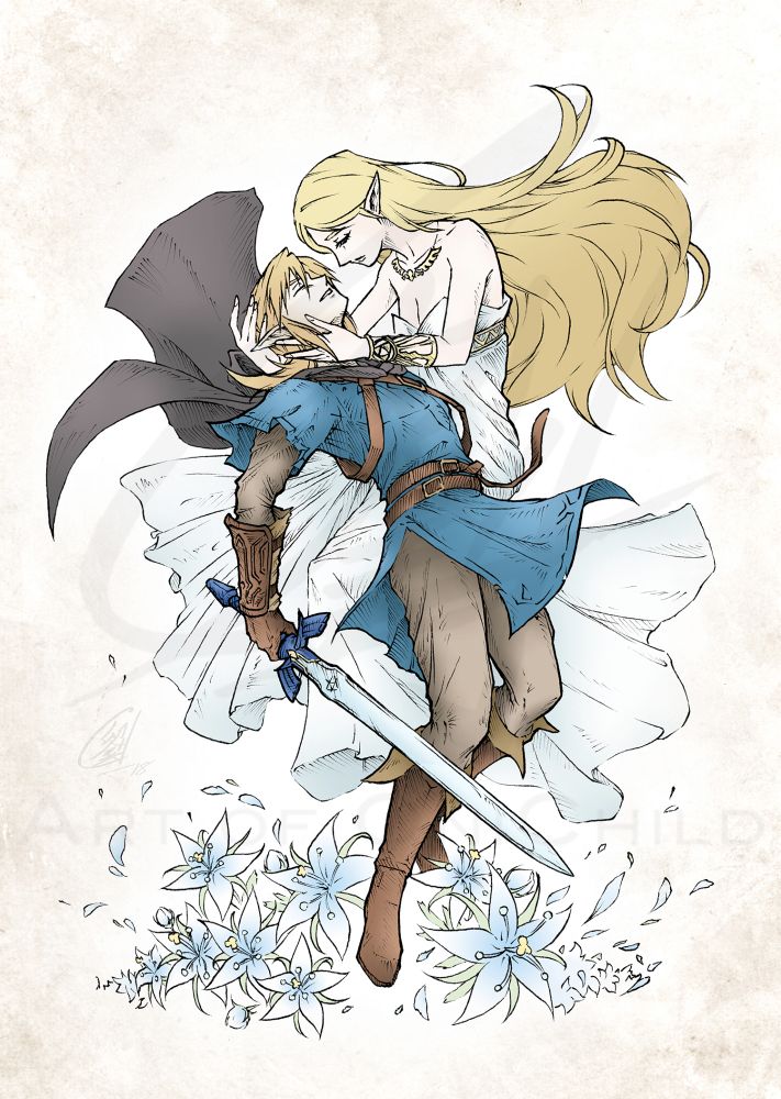 Princess Zelda is in her flowing, white prayer dress and is lovingly holding a battle-worn Link. They float above soft-blue colored Silent Princess flowers.