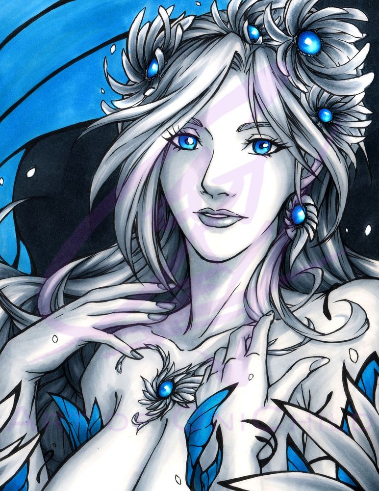 Monochrome portrait of a woman wrapped with blue-colored jeweled flowers and butterfly wings.