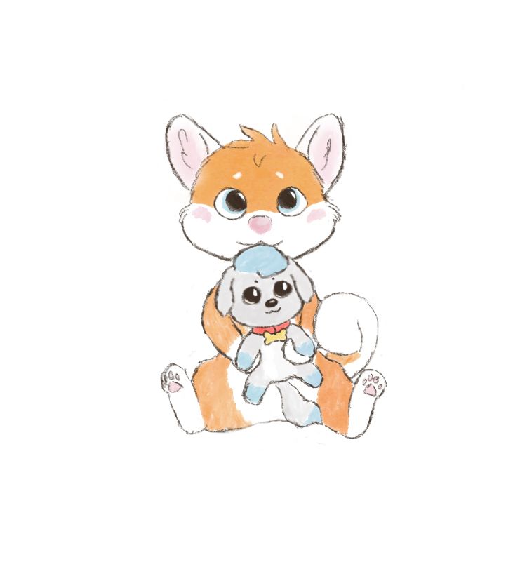 bailey the shiba inu holding a plushie of their friend aero, a small grey puppy with puffy blue hair and matching blue-socked paws
