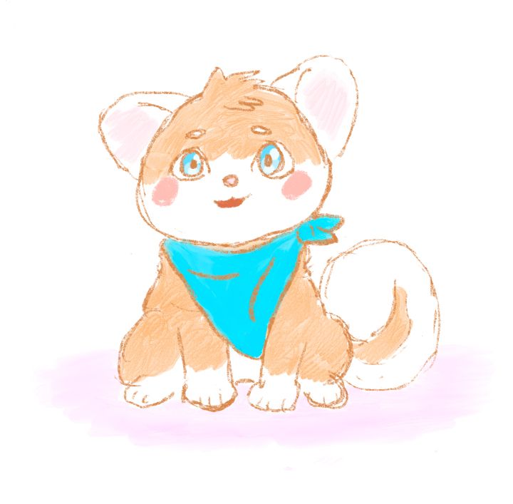 digital drawing of a shiba inu wearing a big bandana, sat looking forward toward the viewer