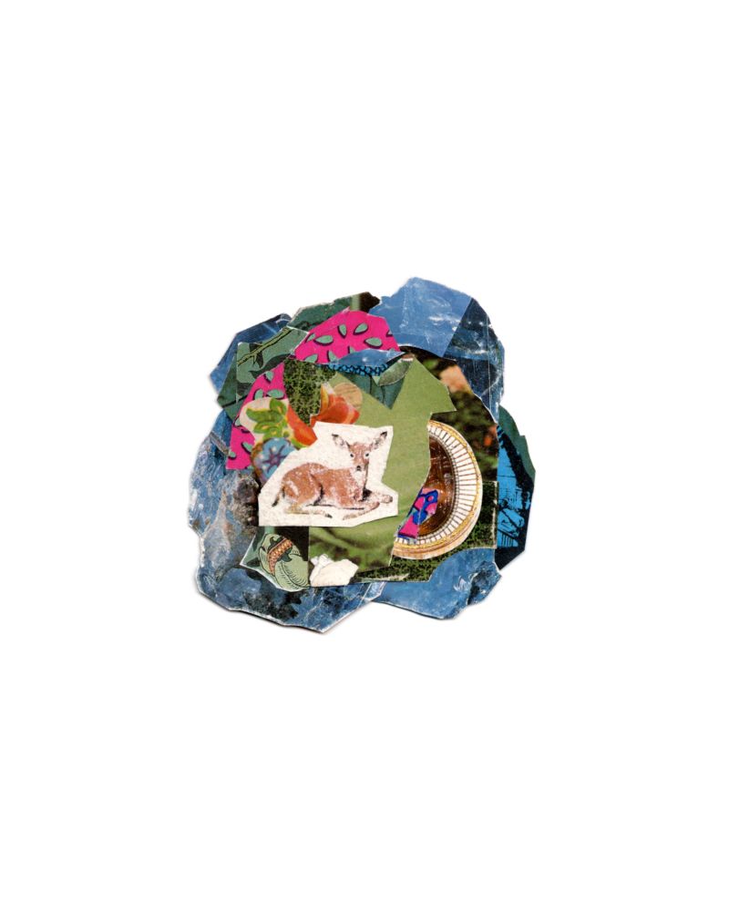 small gemlike collage with floral elements and a fawn