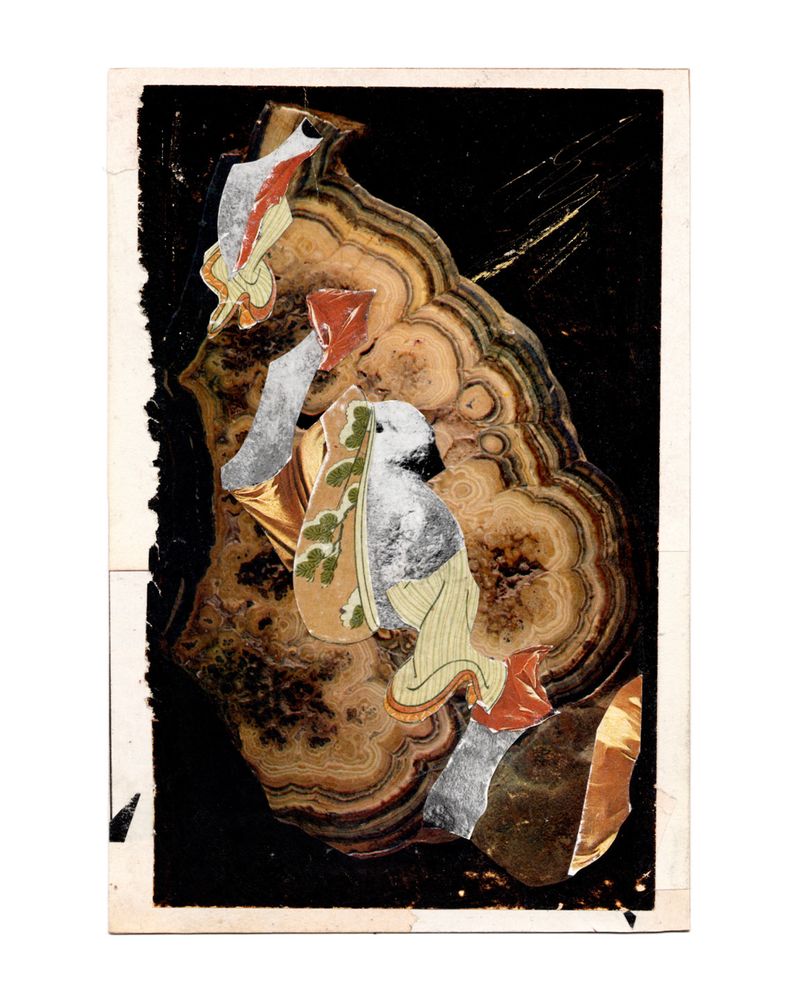 abstract collage of paper fragments and a mineral form