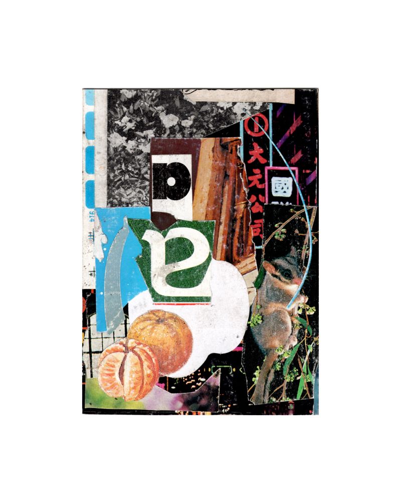 semi-abstract postcard with two upside down letter a's, japanese signage, a marsupial, an orange